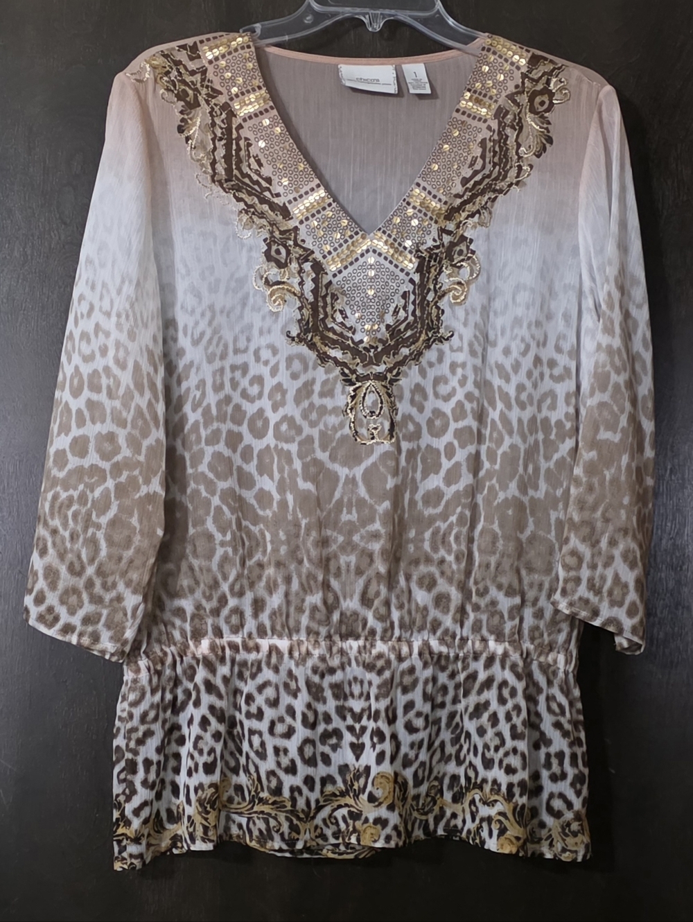 Chico's Size 1 Animal Print Sequin V-Neck Blouse Sheer Women's Size (8 or M)